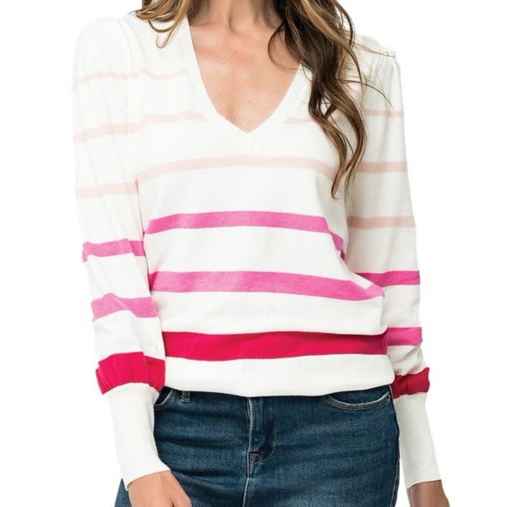 Stylish V-Neck Sweater - Pink and White Stripes